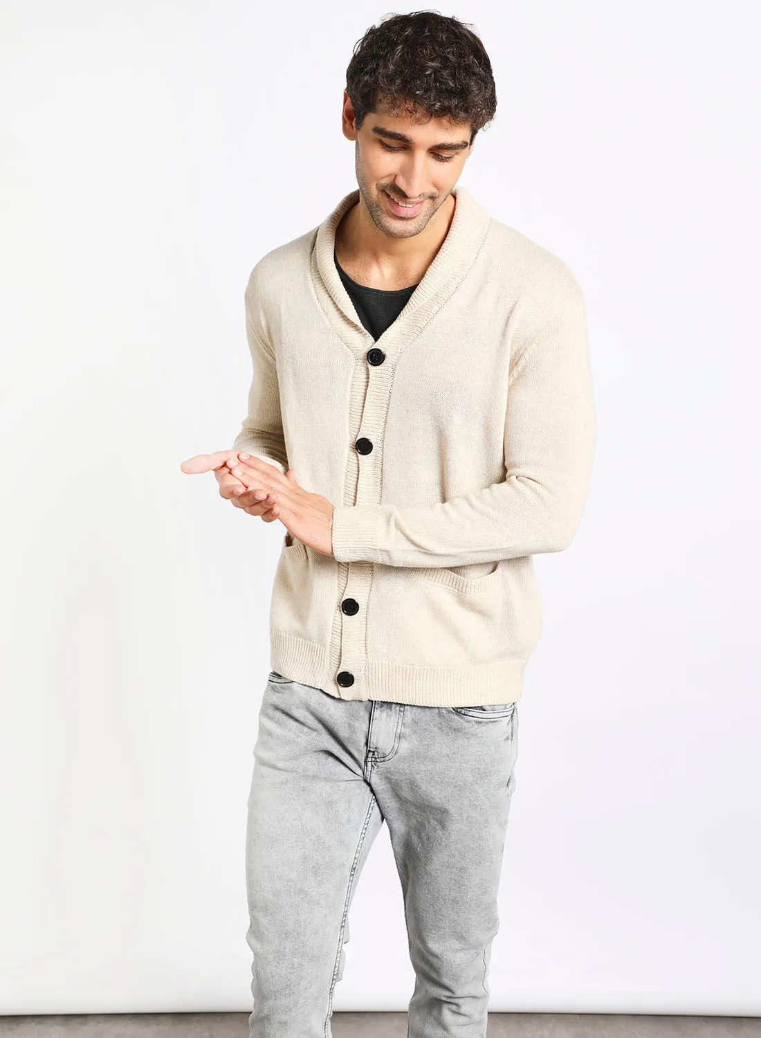 Noon East Men's Knitted Solid Button Detailed Wide Collar Full Sleeves Cardigans For Winters Beige