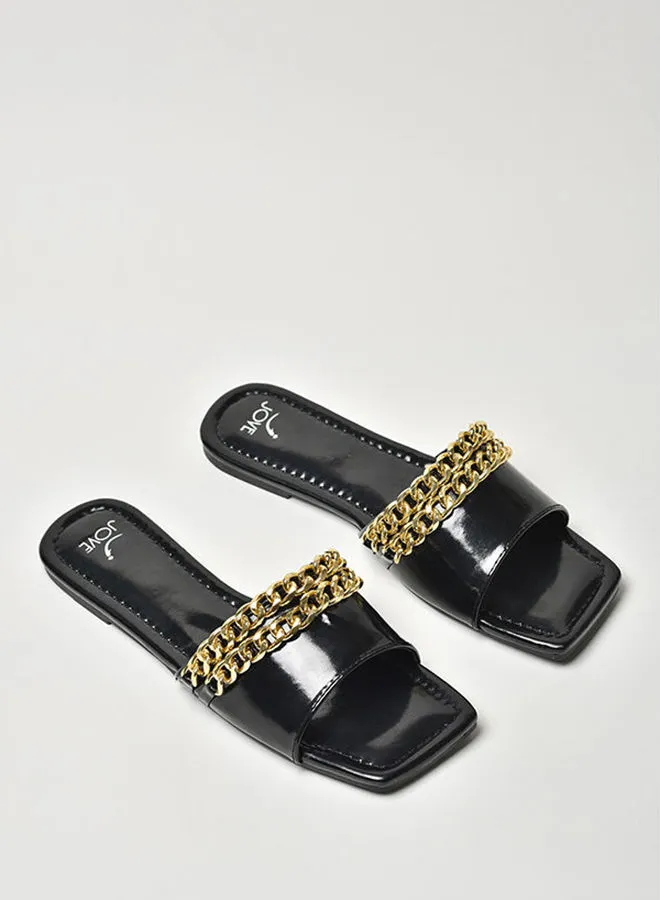 Jove Chain Embellished Broad Strap Slip-On Flat Sandals Black/Gold