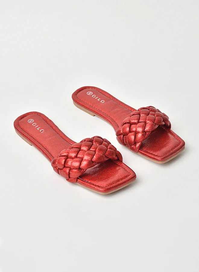 Aila Slip-On Detail Flat Sandals Red