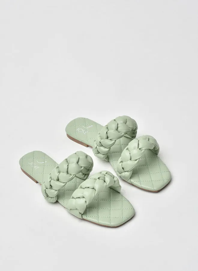 Jove Stylish Elegant Square Toe Slip-On Flat Sandals Green