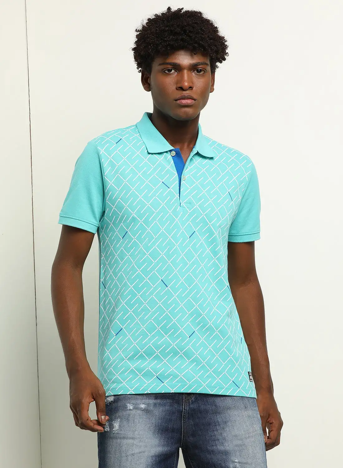 ABOF Printed Regular Fit Collared Neck Polo Cadet Blue