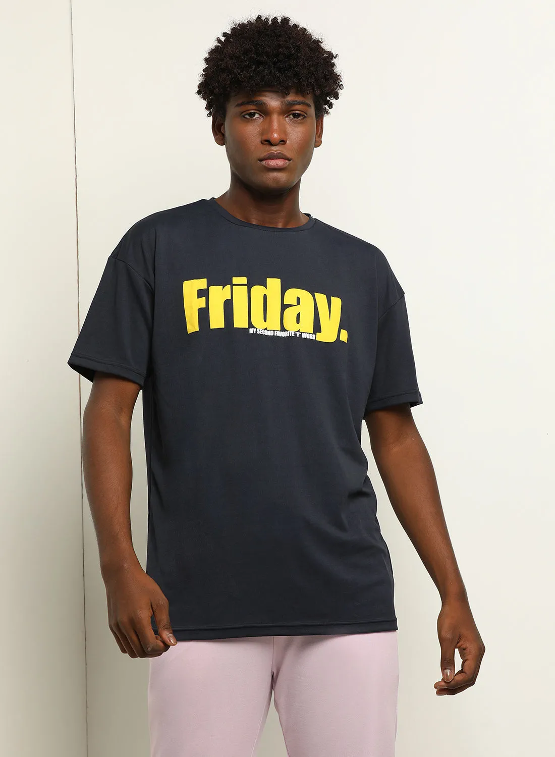 ABOF Friday Printed Relaxed Fit Crew Neck T-Shirt Blue/Yellow