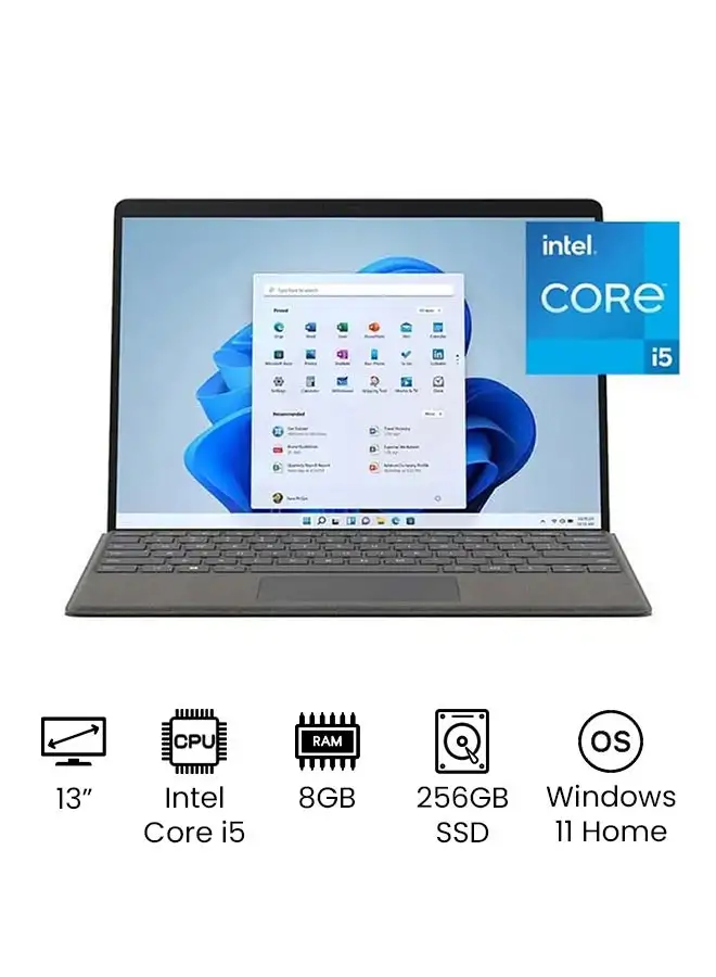 كمبيوتر محمول Microsoft Surface Pro 8 بشاشة 13 بوصة PixelSense ومعالج Intel Core i5-1135G7 / ذاكرة وصول عشوائي سعة 8 جيجابايت / محرك أقراص صلبة سعة 256 جيجابايت / بطاقة رسومات Intel Iris Xe / بلاتيني إنجليزي
