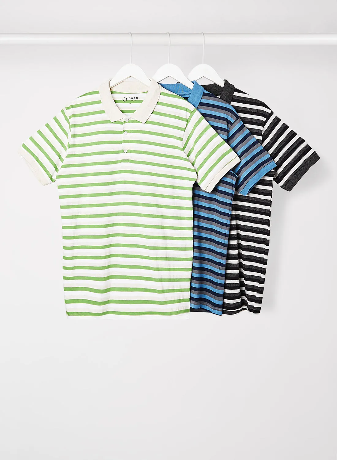 Noon East Men's Pack Of 3 Basic Striped Polo in Regular Fit Pine/White/Heather Grey