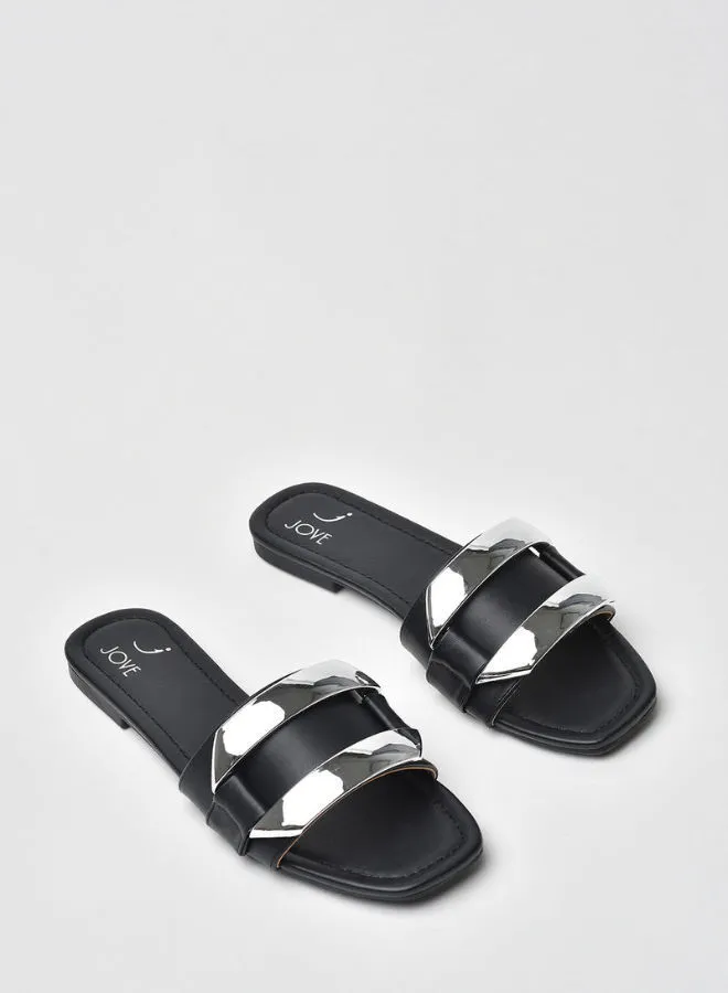 Jove Stylish Elegant Square Toe Slip-On Flat Sandals Black/Silver