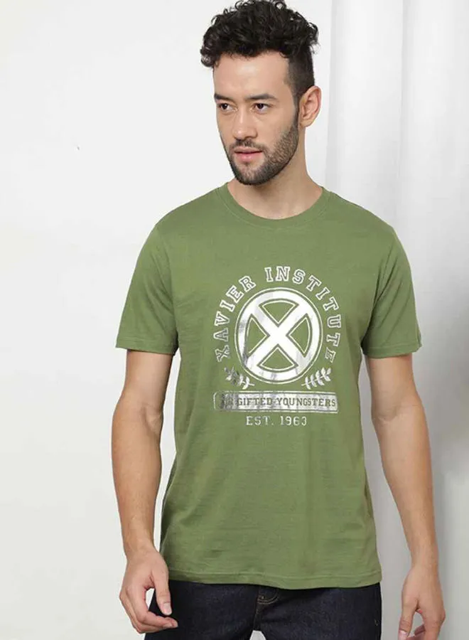 DRIP X-Men Printed Round Neck Regular Fit T-Shirt Olive/Pearl White