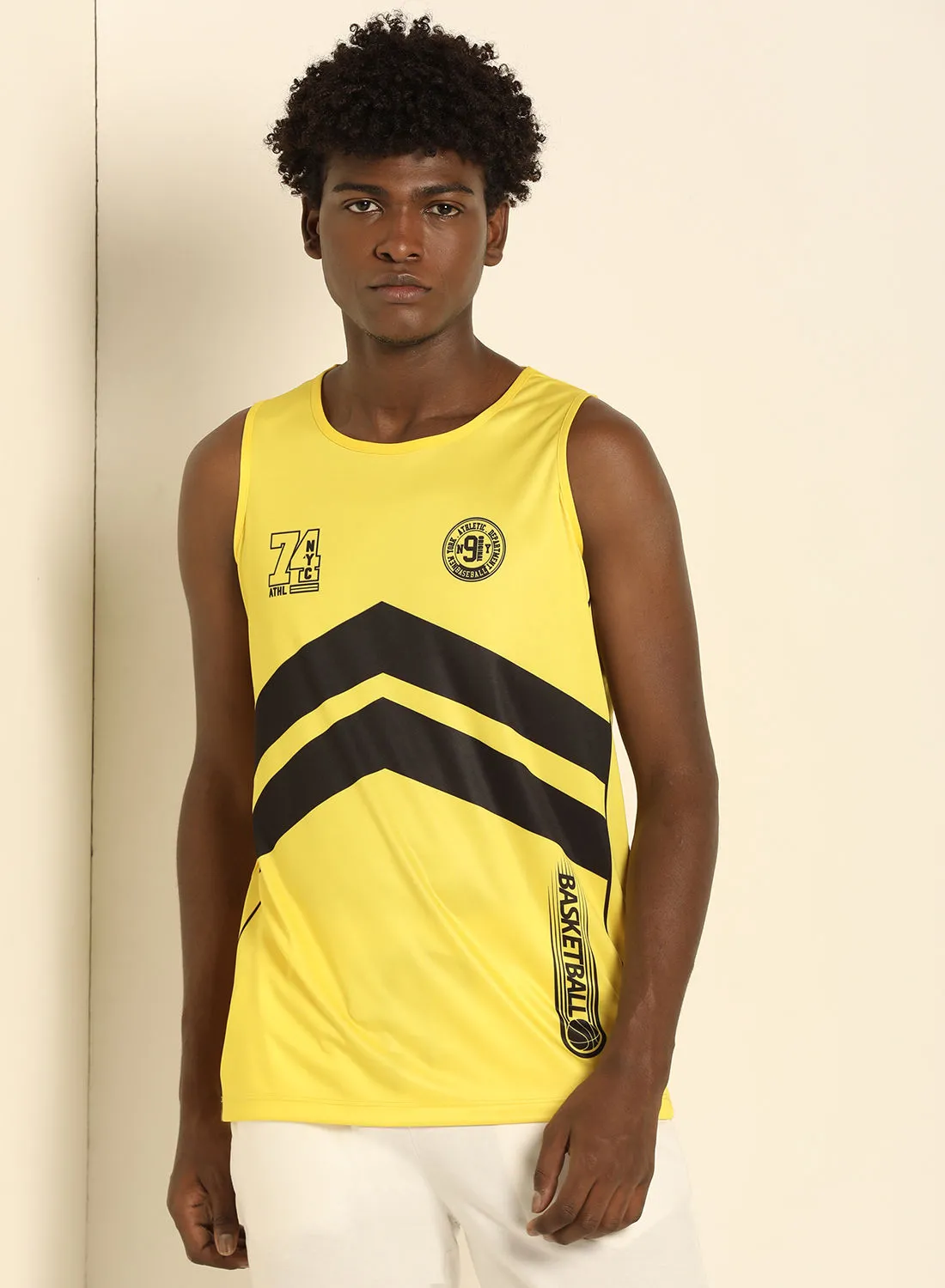ABOF Basic Regular Fit Round Neck Basketball Printed Vest Vibrant Yellow