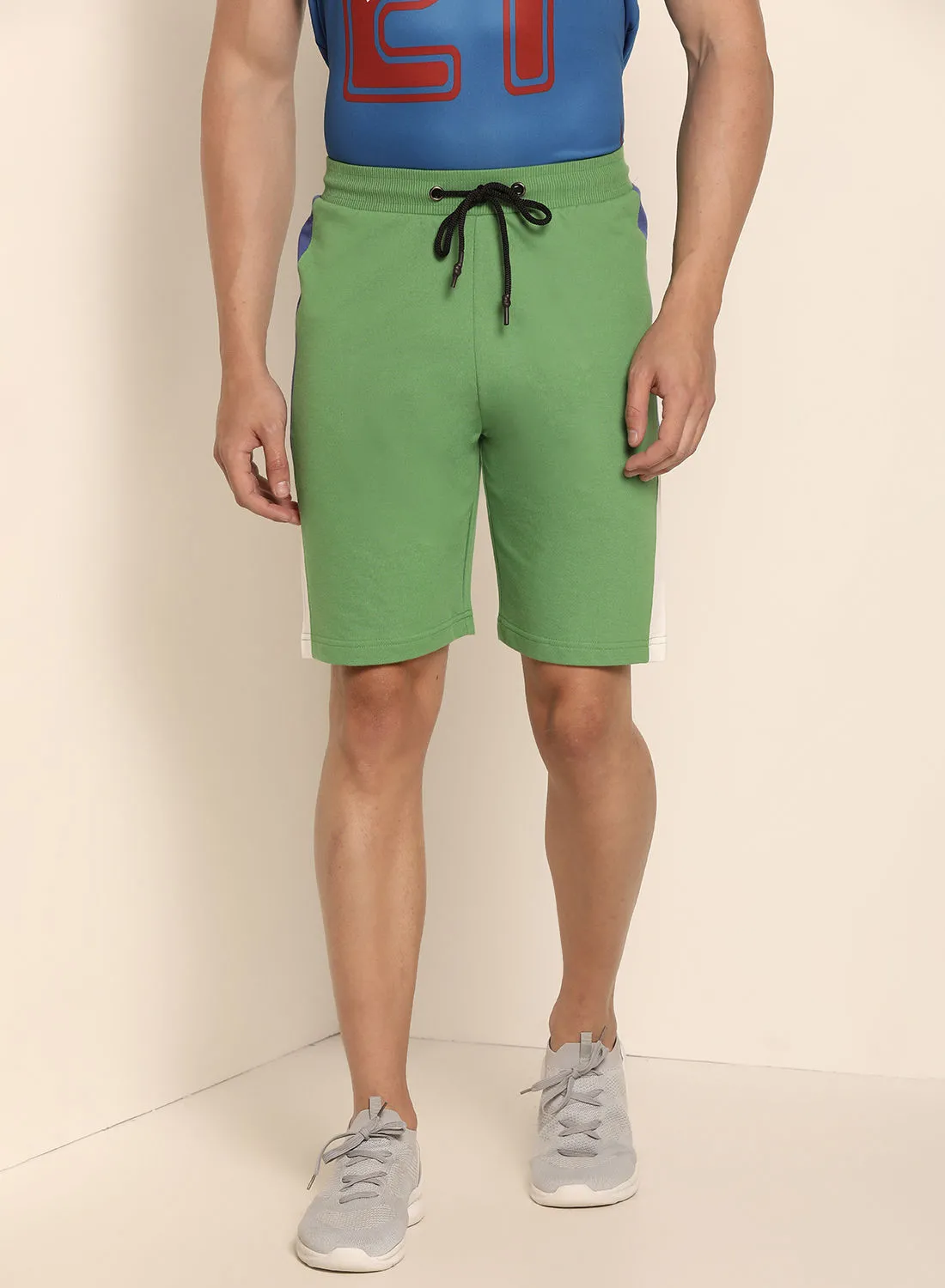 ABOF Contrast Stripe Detail Elastic Waistband Drawstring Shorts Green/White/Blue