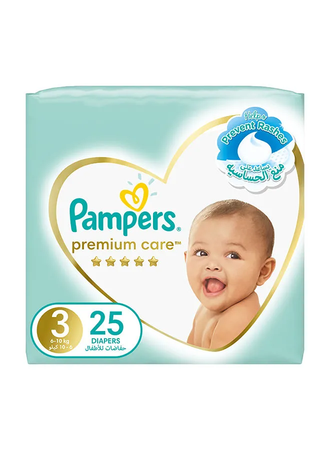 Pampers Premium Care Taped Baby Diapers, Size 3, 6-10 kg,  Softest Absorption for Ultimate Skin Protection, 25 Count
