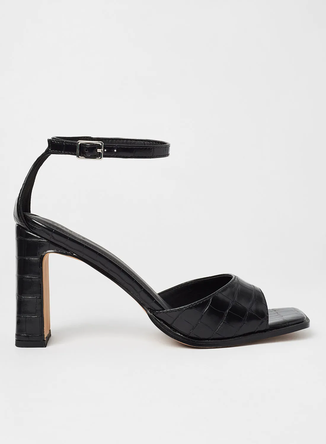 Reserved Crocskin Textured Ankle Strap Heels Black