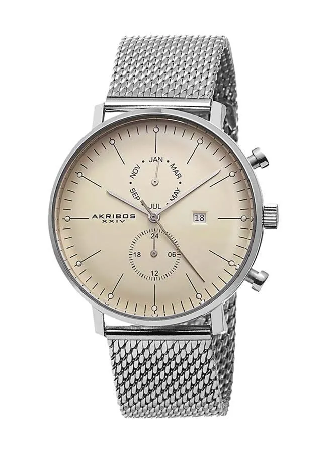 Akribos XXIV Stainless Steel Case on Silver Bracelet, Beige Dial with Silver Tone Hands