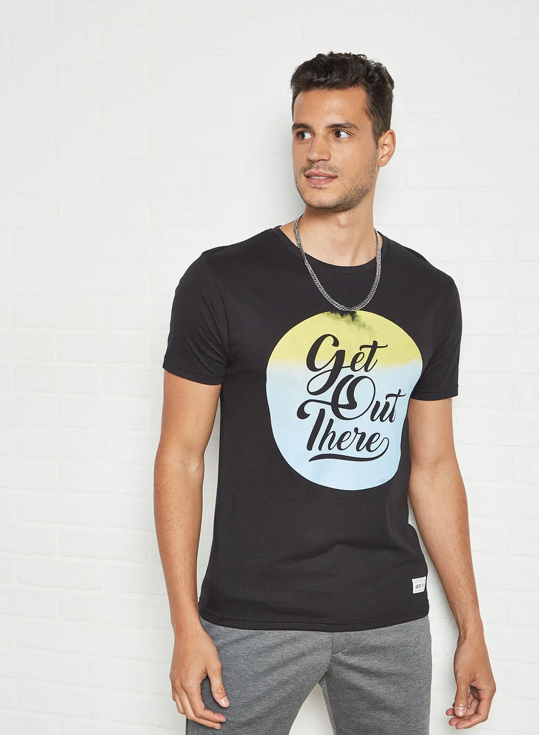 ABOF Get Out There Printed Regular Fit Crew Neck T-Shirt Dark Onyx Black