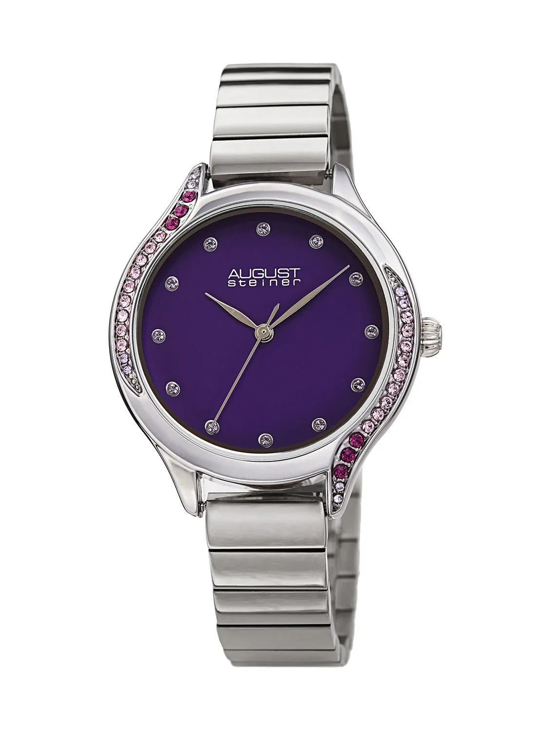 August Steiner Ion Plated Silver Tone Case, Purple Ombre Crystals on Bezel, Purple Dial, on a Silver Tone Link Bracelet