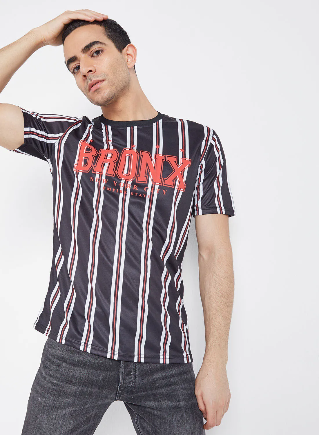 R&B Slim Fit Striped T-Shirt With Round Neck And Short Sleeves Black
