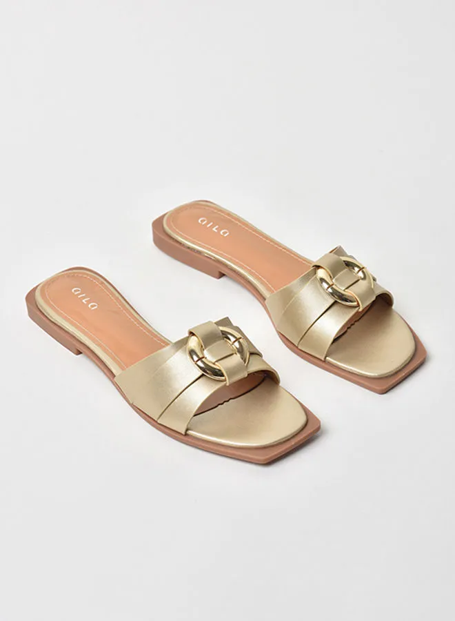 Aila Broad Strap Slip-On Flat Sandals Gold