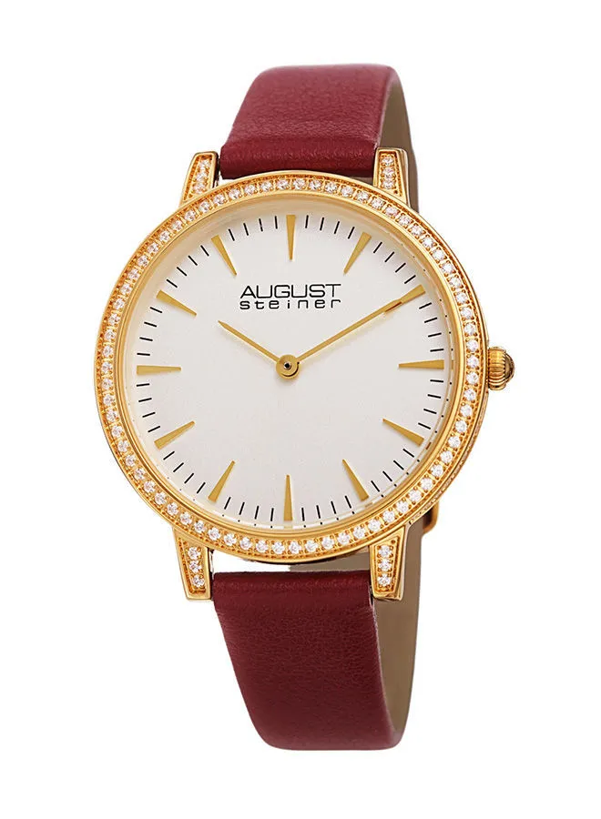 August Steiner Ion Plated Gold Tone Slim Case with Crystals, Red Strap and White Dial