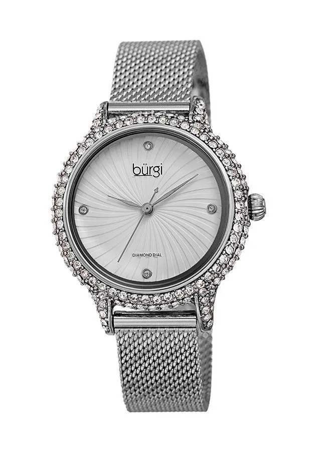 Burgi Ion Plated Silver Tone Swarovski Crystal Studded Case, with 4 Diamond Markers, on a Silver Mesh Band