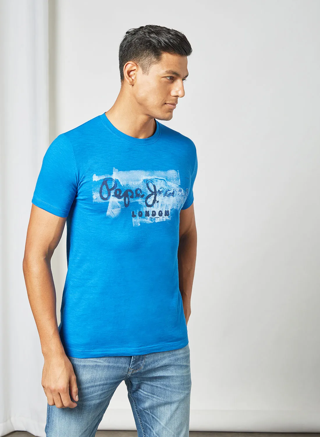 Pepe Jeans LONDON Worn Out Logo Print T-Shirt Blue