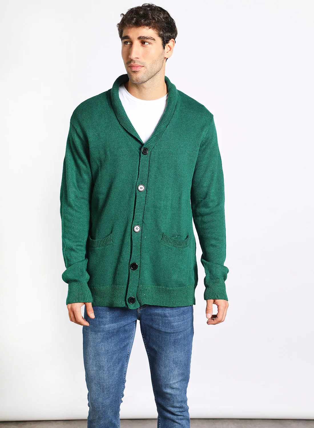 Noon East Men's Knitted Solid Button Detailed Wide Collar Full Sleeves Cardigans For Winters Dark Green