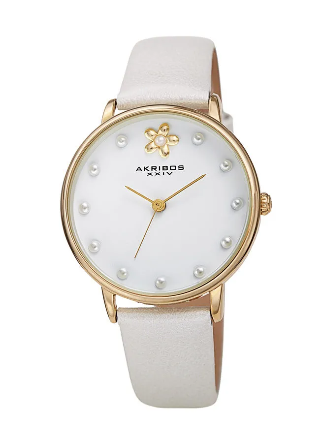 Akribos XXIV Ion Plated Gold Tone Case with White Pearlized Strap and White Dial, with Faux Pearl Markers and Daisy