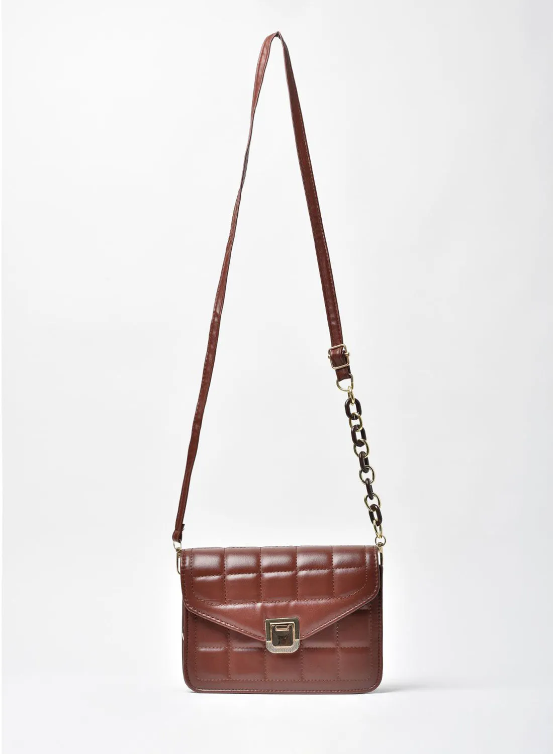 Jove Quilted Pattern Half Chain Strap Crossbody Bag Brown