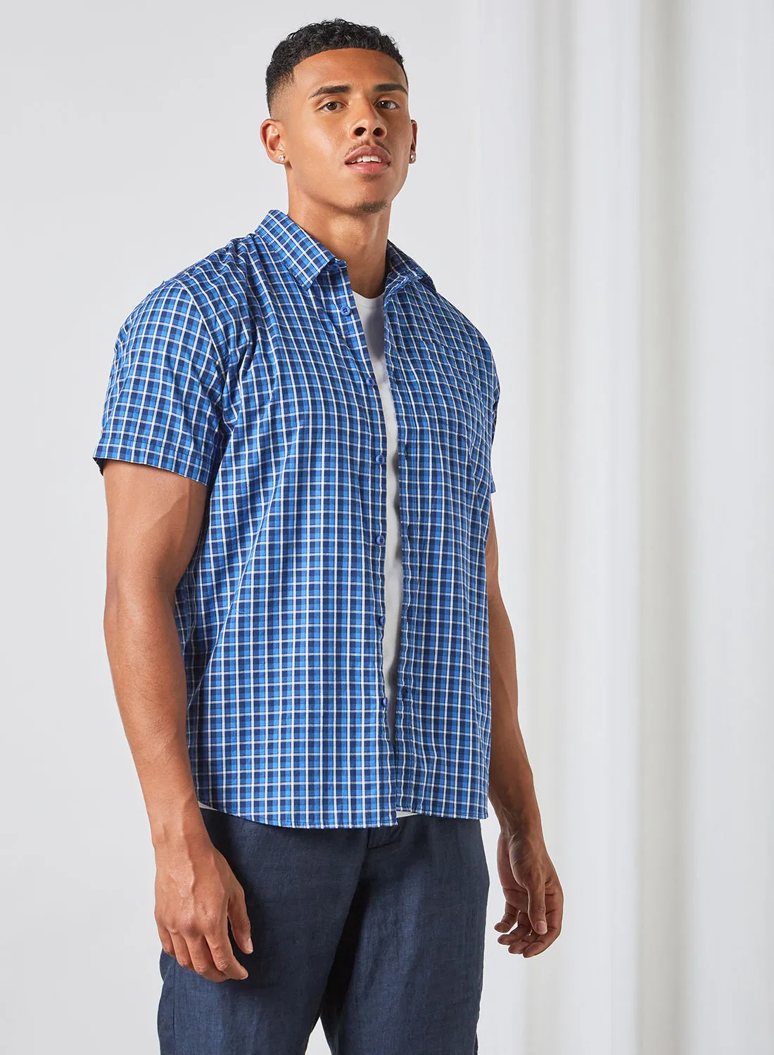 ABOF Checkered Pattern Regular Fit Short Sleeve Shirt Ultramarine Blue