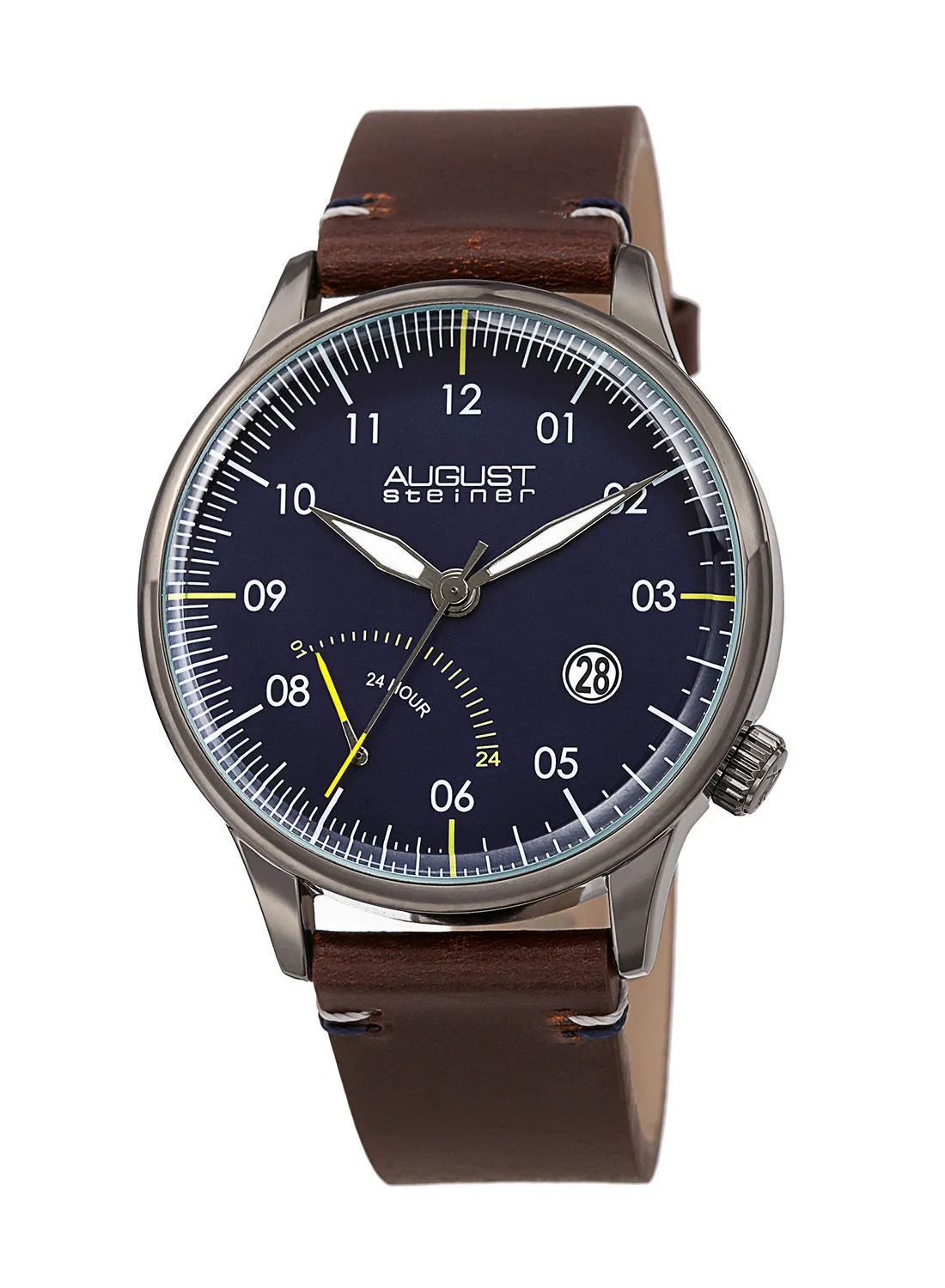 August Steiner Ion Plated Gun Tone Case, Blue Dial, on a Brown Leather Strap with Contrast Stitch