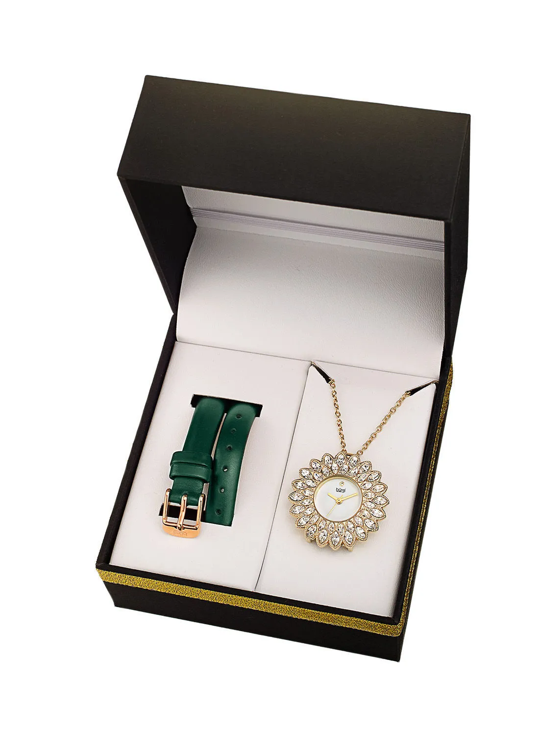 Burgi Ladies Interchangeable Watch and Pendant Necklace Set, in Gold Plating, Clear Swarovski Crystals and Green Leather Strap, and Gold Plated Necklace Chain