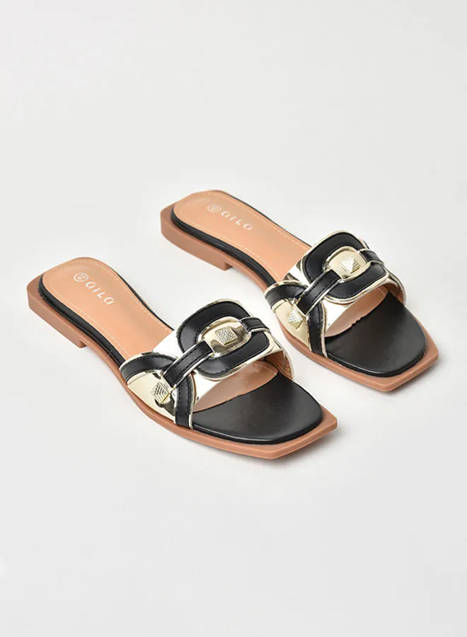 Aila Slip-On Detail Flat Sandals Black/Gold