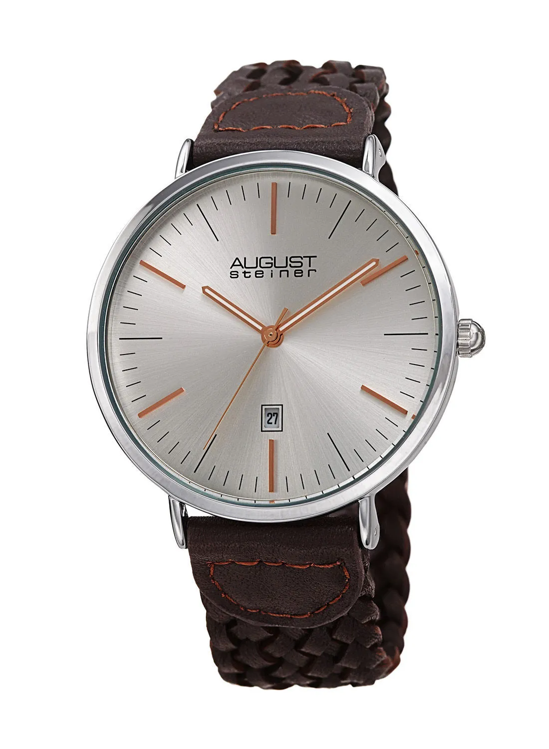 August Steiner Ion Plated Silver Tone Case, Silver Dial, on a Brown Genuine Leather Braided Strap