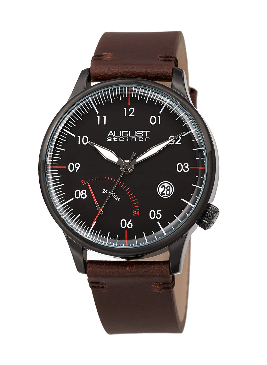 August Steiner Ion Plated Black Tone Case, Black Dial, on a Dark Brown Leather Strap with Stitched Corners