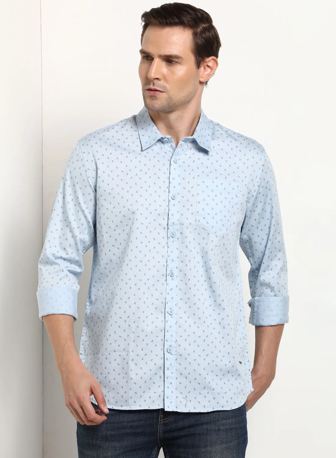 ABOF Casual All Over Printed Slim Fit Shirt Blue