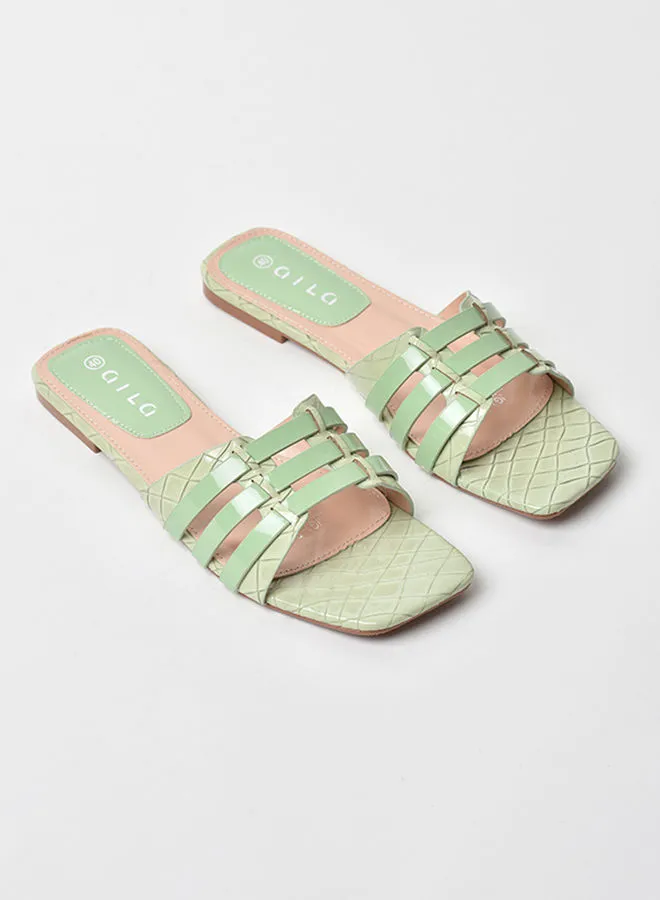 Aila Checked Pattern Multi Strap Flat Sandals Green