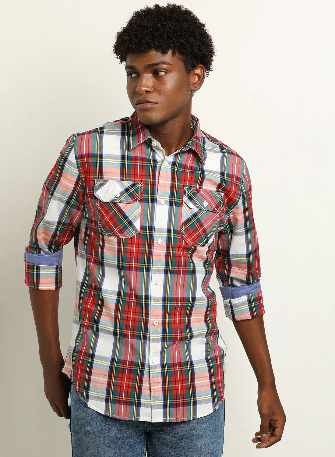 ABOF Checkered Pattern Pocket Detail Regular Fit Collared Neck Shirt Red/Green/White