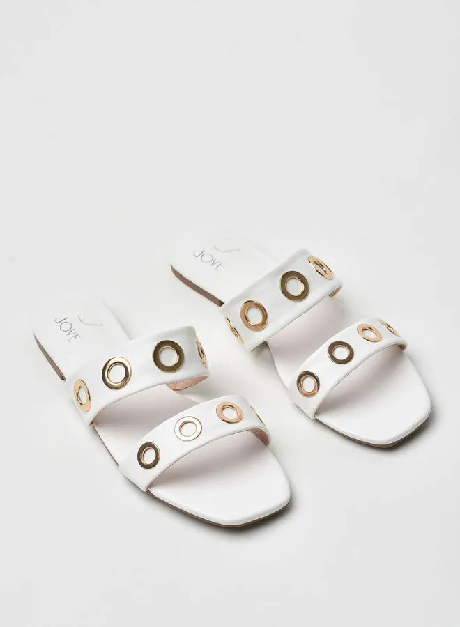 Jove Stylish Elegant Square Toe Slip-On Flat Sandals White