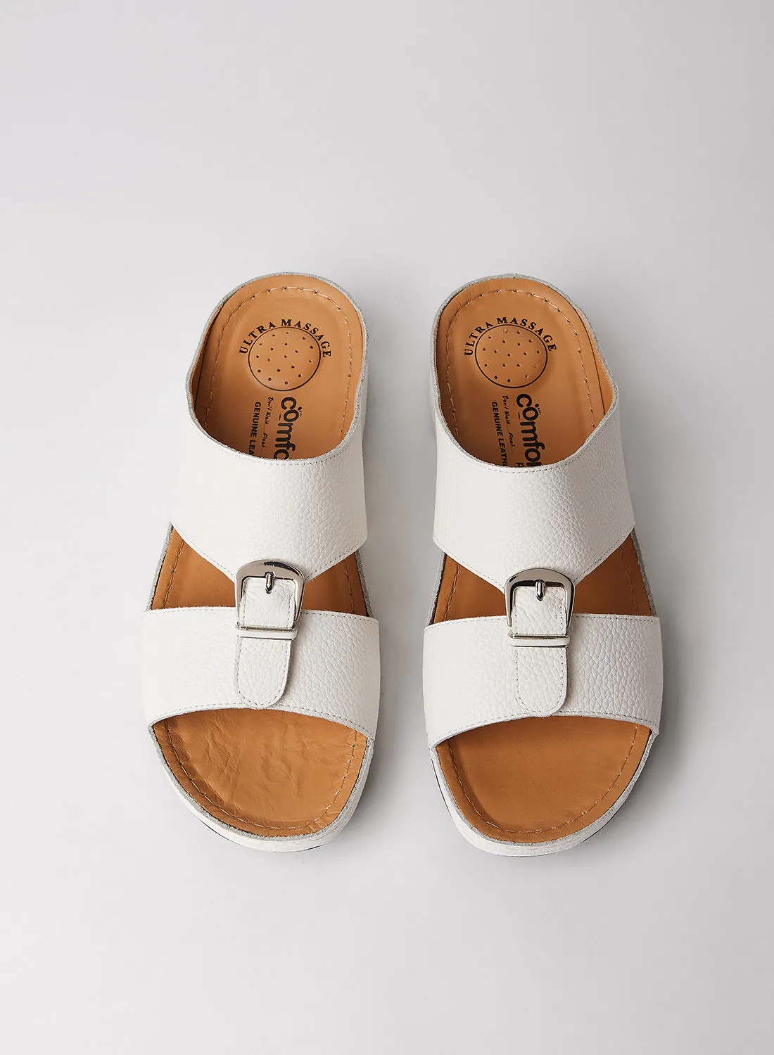 Comfort Plus Buckle Detail Leather Sandals White