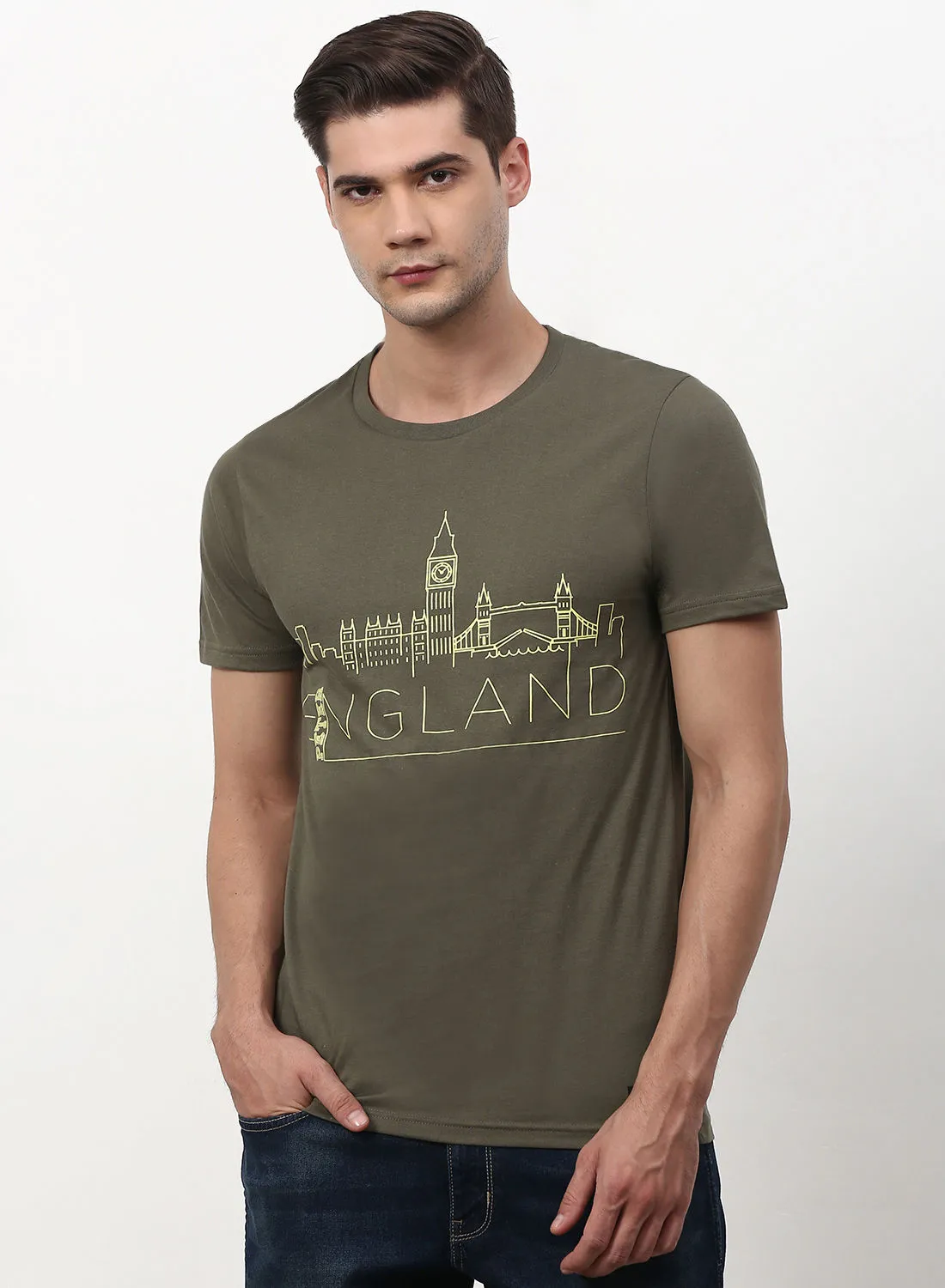 ABOF Graphic Printed Regular Fit Crew Neck T-Shirt Olive Green
