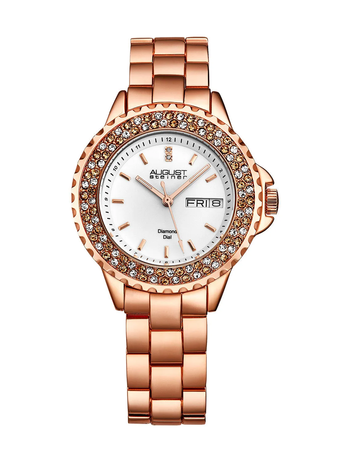 August Steiner Rose Gold Tone Ion Plated Case with Champagne and Clear Crystals, White Diamond Dial and Rose Gold Tone Link Bracelet