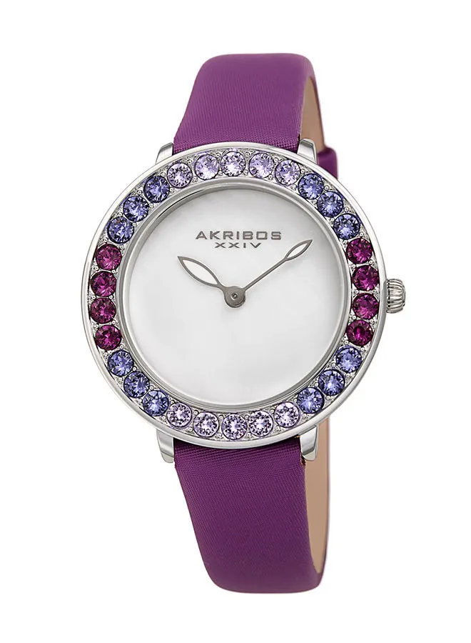 Akribos XXIV Ion Plated Silver Tone Case, Ombre Purple Swarovski Crystals, White Mother-Of-Pearl Dial, on a Purple Satin Strap