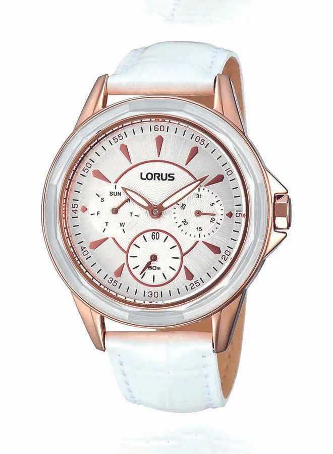 LORUS Women's Silver Sun Ray Dial Leather Band Water Resistant Analog Watch RP666AX9