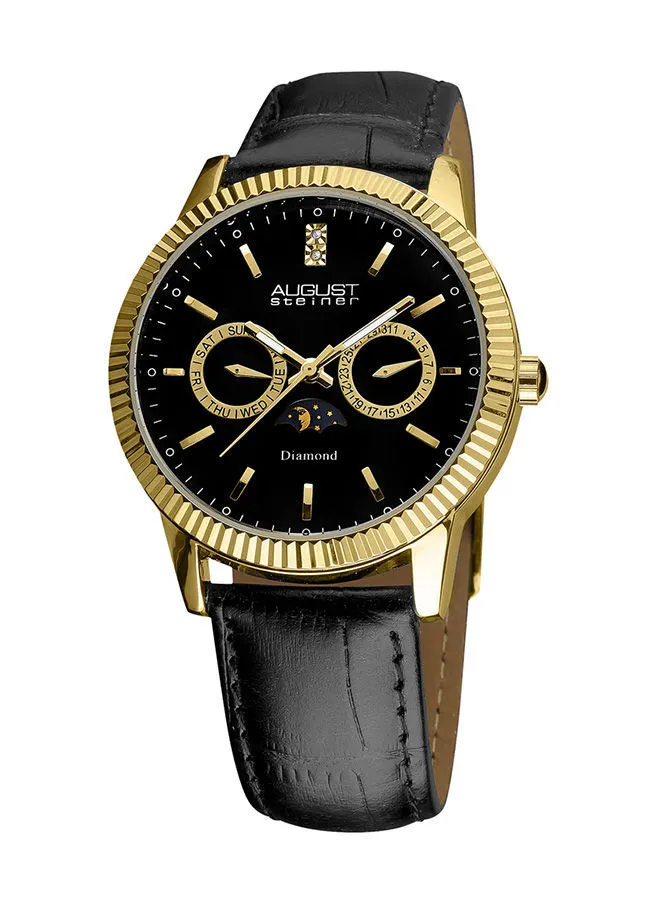 August Steiner Gold Tone Case on Black Strap, Black Dial with Gold Tone Hands