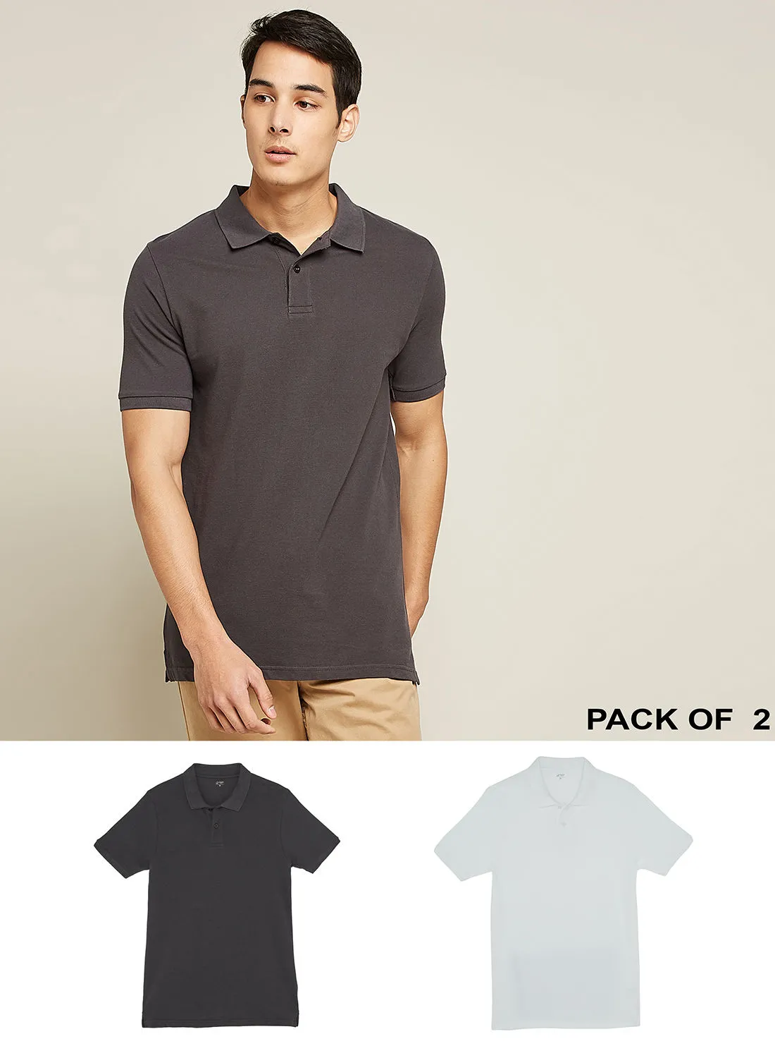 Noon East Pack Of 2- Men's Polo Neck T-Shirt, 100% Cotton Biowashed Fabric, Comfort Fit Stylish Design Dark Grey/ White