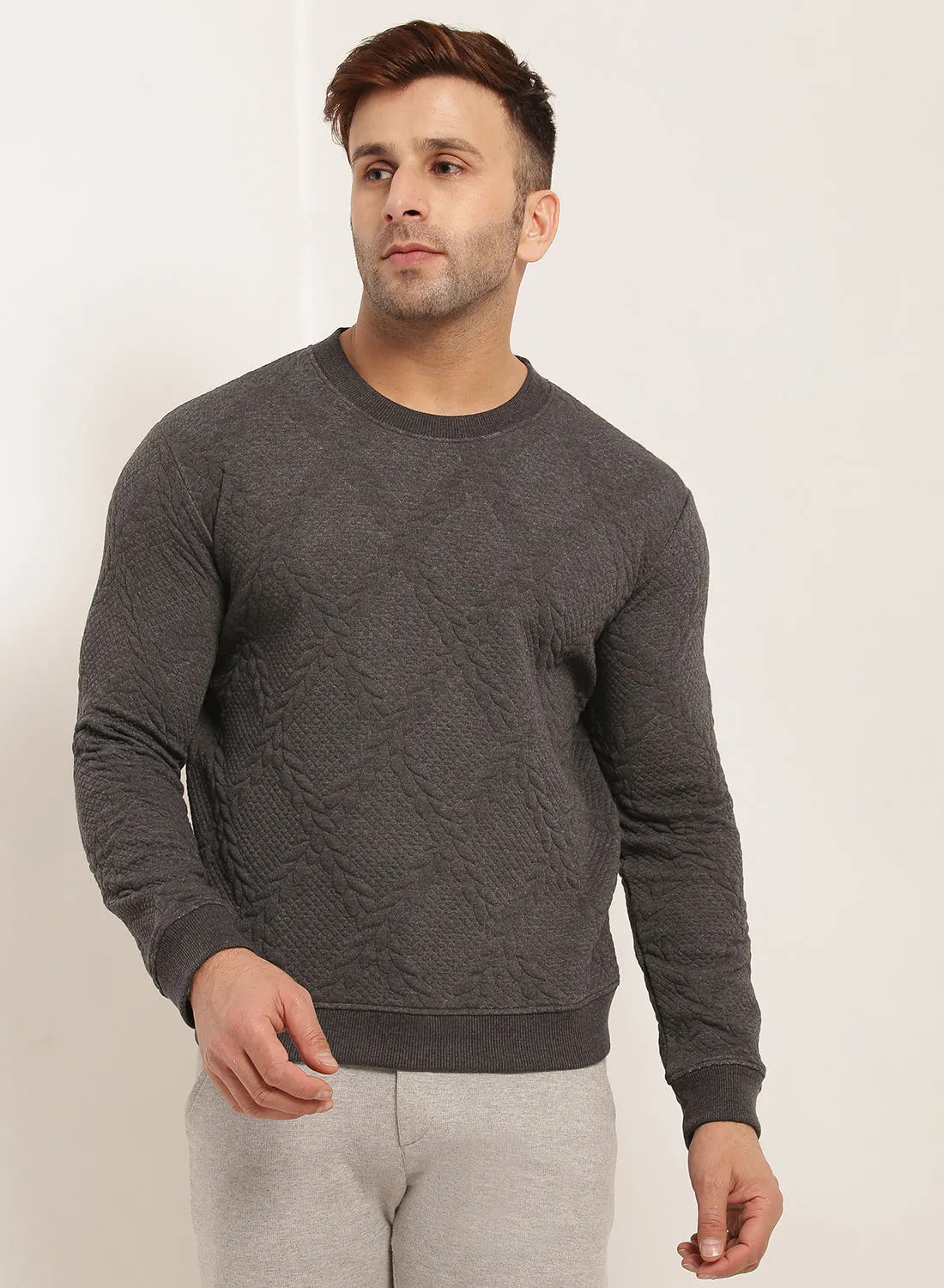 QUWA Men's Embossed Effect Round Neck Sweatshirt Grey