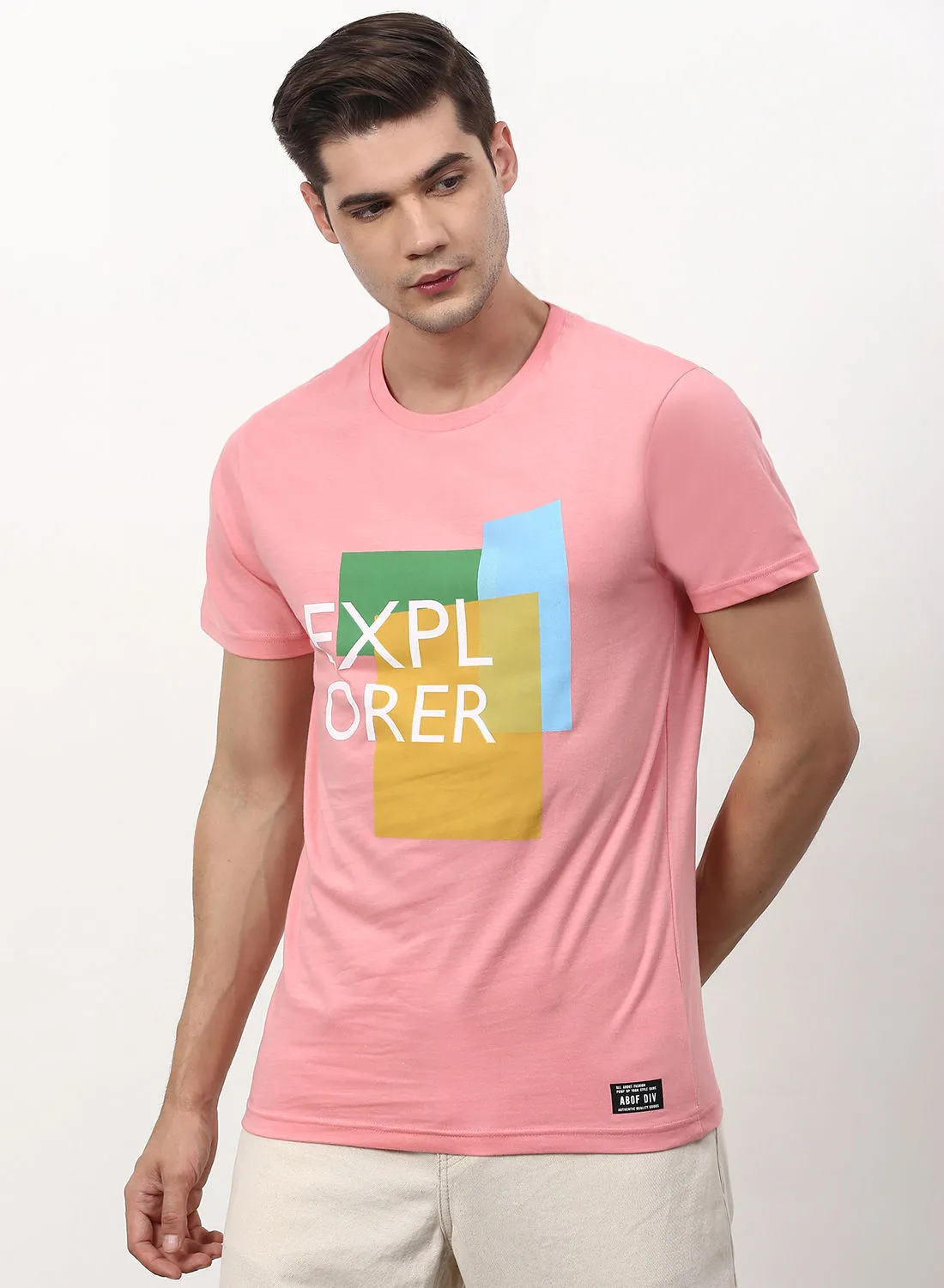 ABOF Explorer Printed Regular Fit Crew Neck T-Shirt Dark Peach Pink