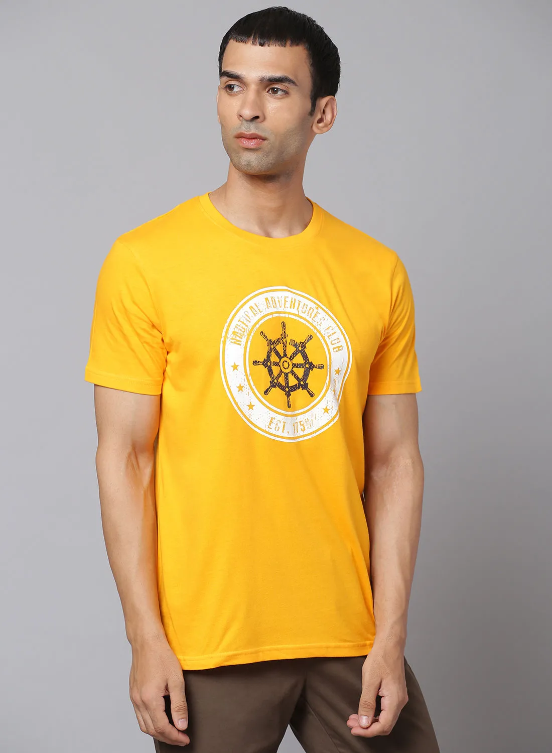 DRIP Casual Graphic Printed Crew Neck T-Shirt Saffron