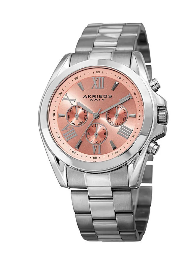 Akribos XXIV Stainless Steel Case on Stainless Steel Bracelet, Peach Dial with Silver Tone Hands