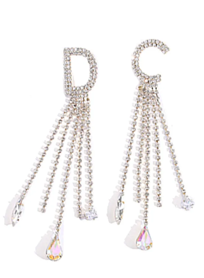 XIMI VOGUE Letters Design Glittery Rhinestone Long Dangle Earrings With Silver Pin
