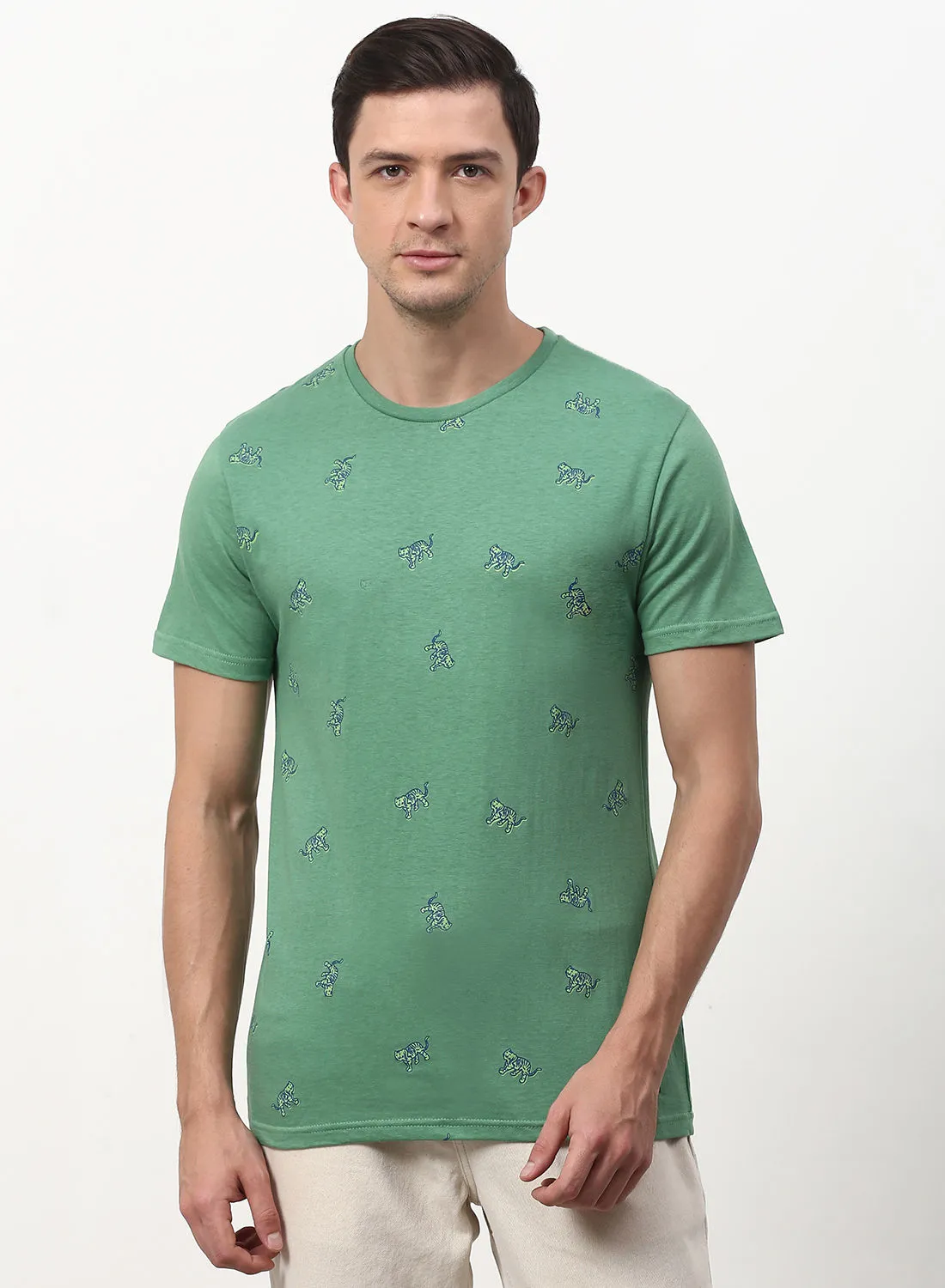ABOF Animal Printed Crew Neck Regular Fit T-Shirt Fern Green
