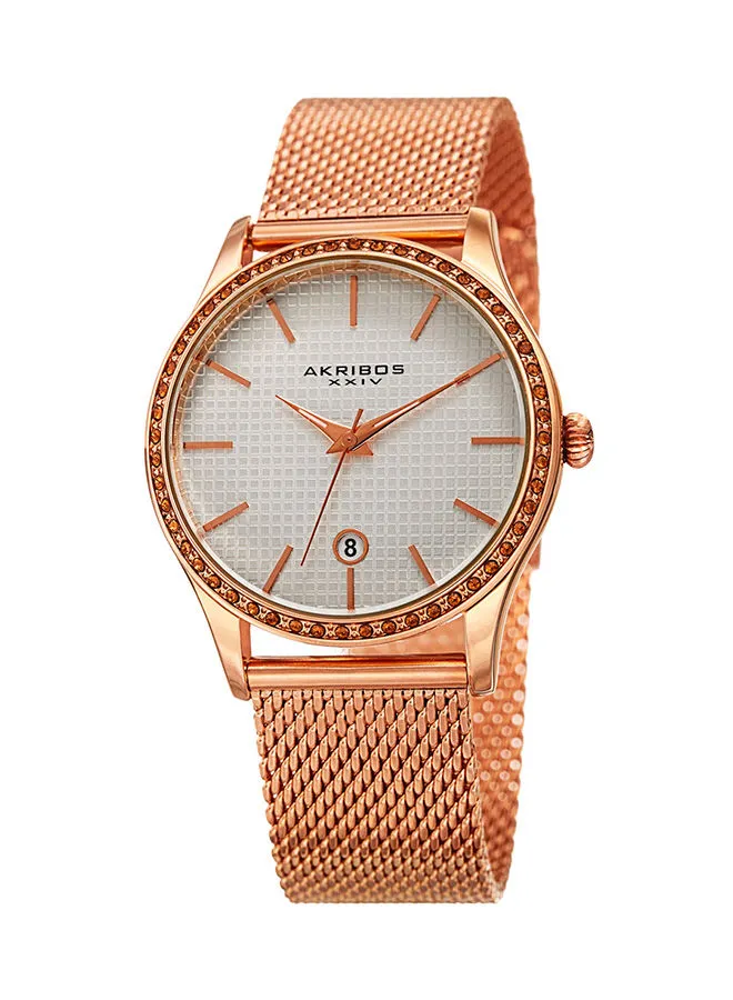 Akribos XXIV Rose Gold Tone Ion Plated Round Case Watch with Swarovski Crystals on Rose Gold Tone Mesh Bracelet