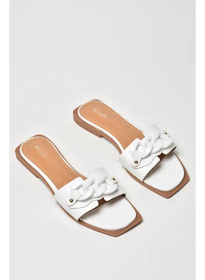 Aila Chain Detail Strap Flat Sandals White